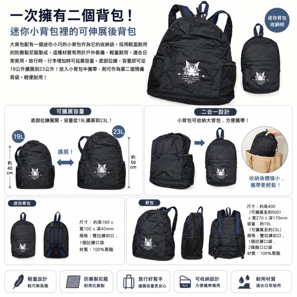 迷你小背包裡的可伸展後背包 