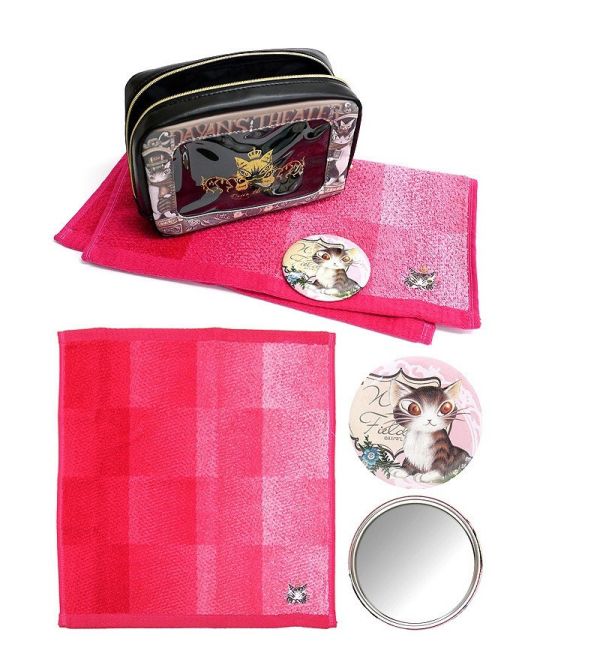 毛巾圓鏡收納包三件組-粉紅 