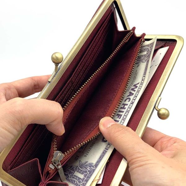 牛皮珠扣長夾-酒紅色 