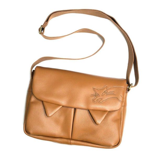 貓耳牛皮肩背包-小-茶 