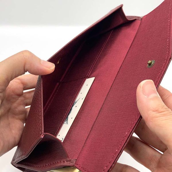 牛皮珠扣長夾-酒紅色 