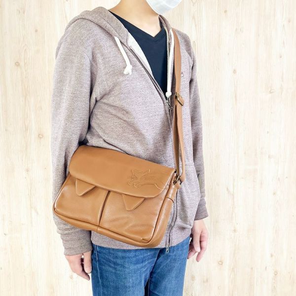 貓耳牛皮肩背包-小-茶 