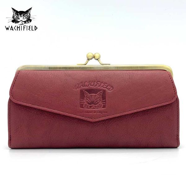 牛皮珠扣長夾-酒紅色 