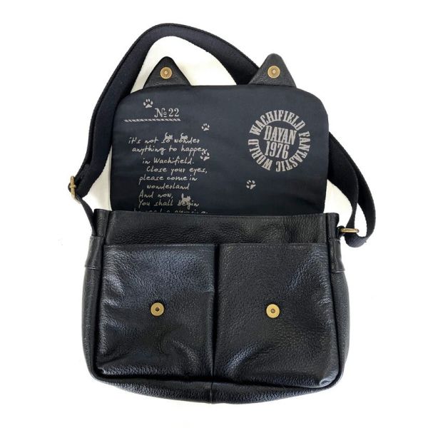 貓耳牛皮肩背包-黑 