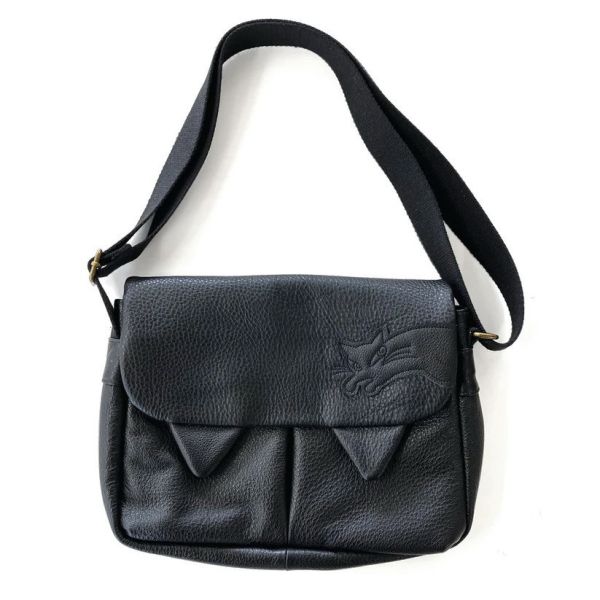 貓耳牛皮肩背包-黑 