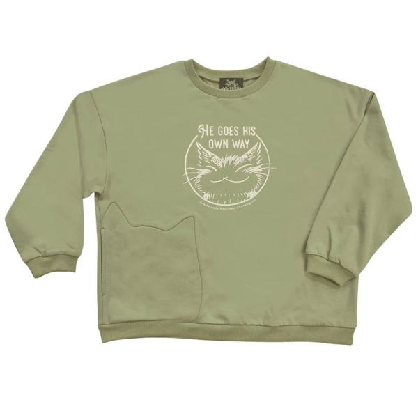 貓型口袋長袖上衣-灰綠色-M 