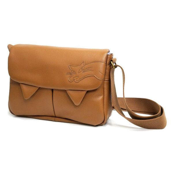 貓耳牛皮肩背包-小-茶 