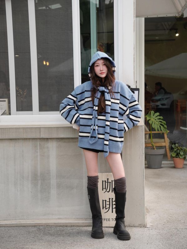 NON-SCENE.｜韓系條紋帶披肩帽厚磅毛衣 