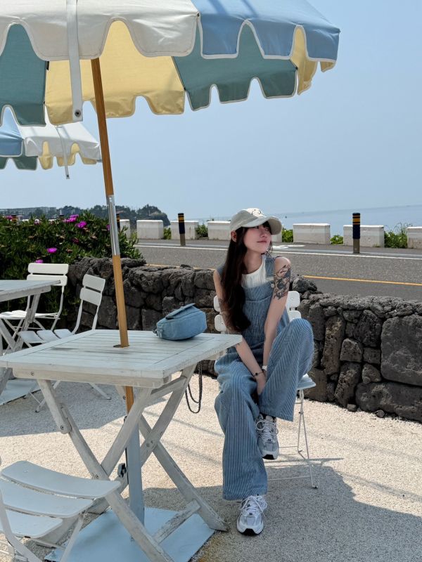 Blue Hit｜韓系慵懶條紋吊帶褲 