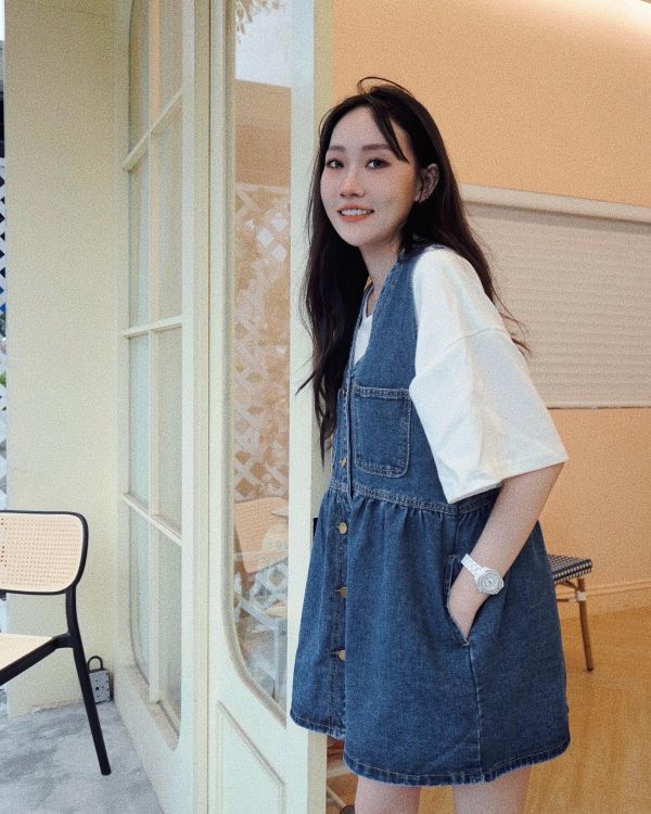 iNINE 正韓復古排釦A字連身裙 