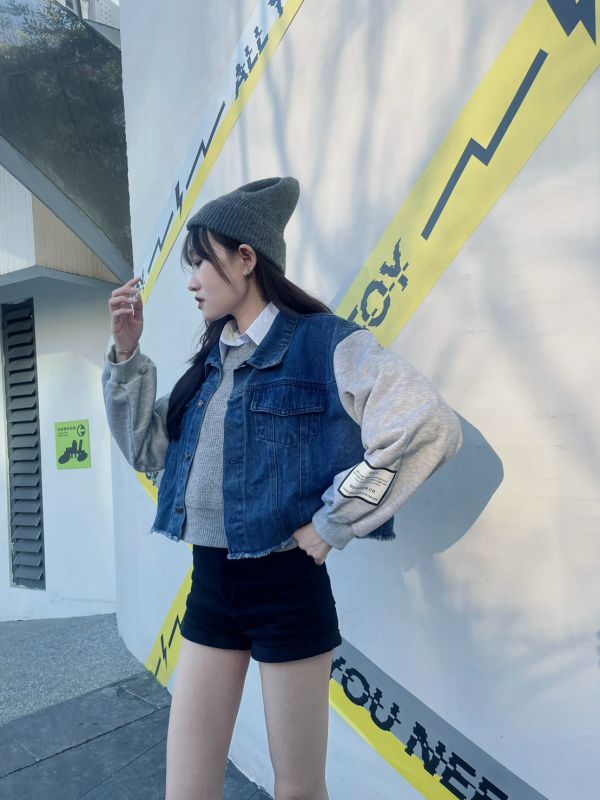 韓系拼接牛仔標籤短版外套 