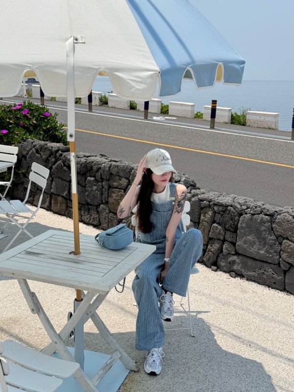 Blue Hit｜韓系慵懶條紋吊帶褲 