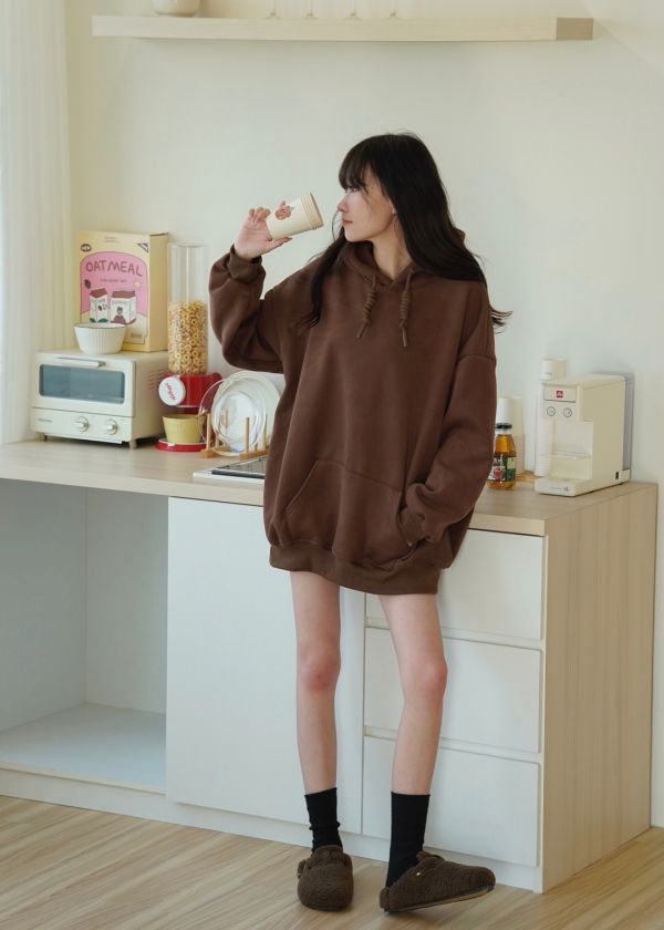 天鵝絨超暖長繩帽T 