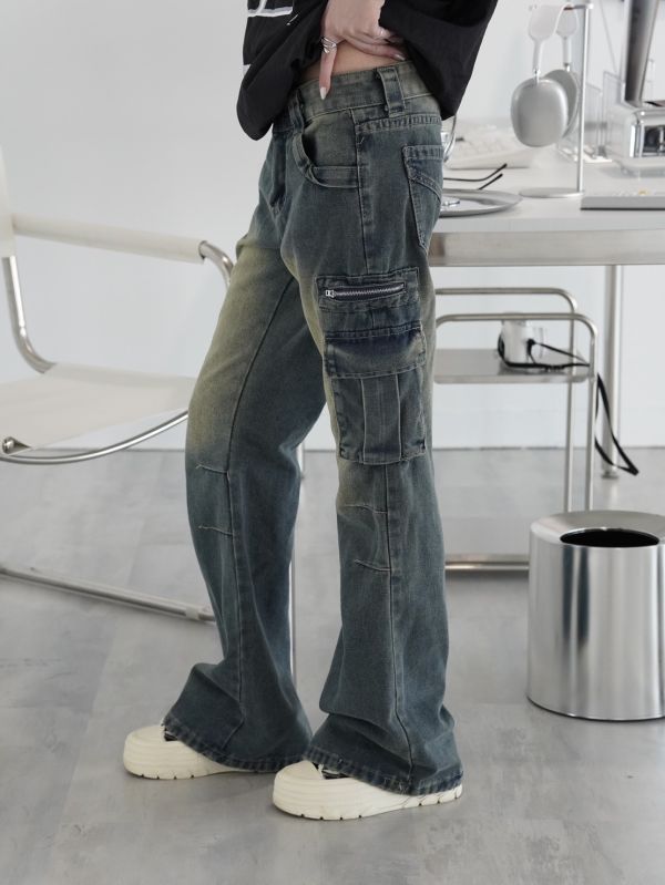 iNINE美式復古低腰微喇褲 