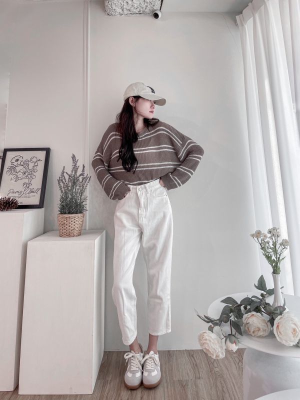 法式浪漫薄款條紋針織 