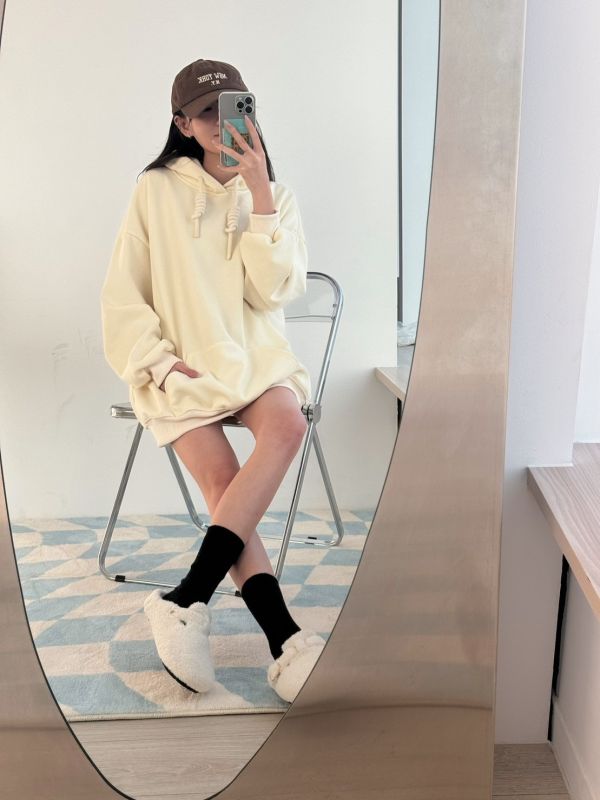 天鵝絨超暖長繩帽T 