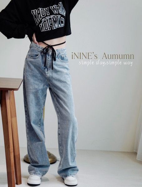 軟軟愛心牛仔直筒寬褲+美式style腰綁帶短版長T 