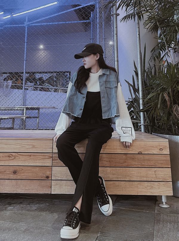 韓系拼接牛仔標籤短版外套 