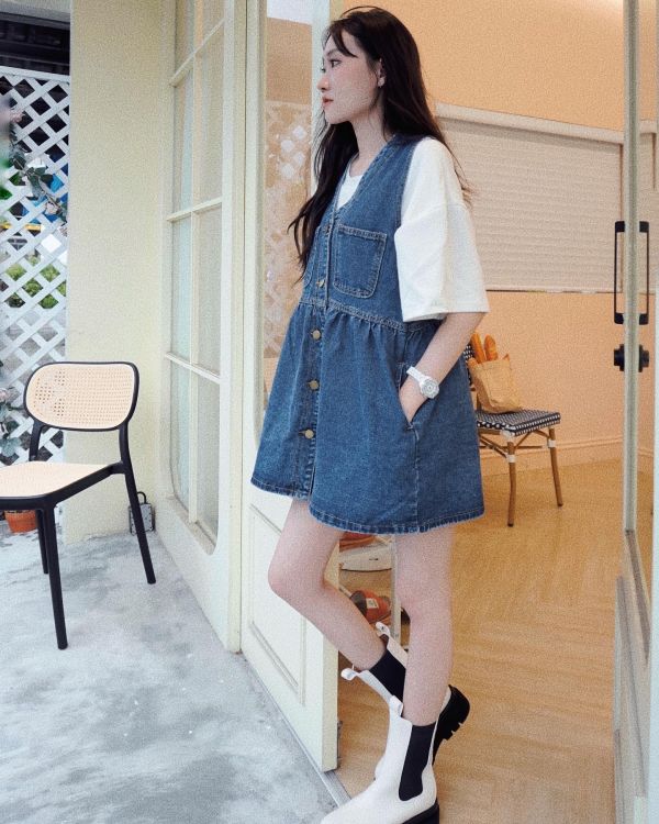 iNINE 正韓復古排釦A字連身裙 