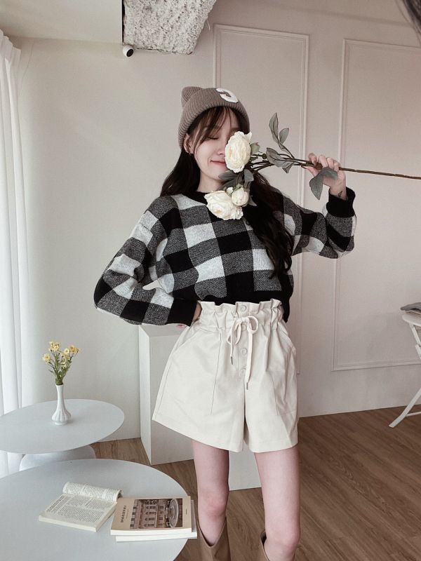 撞色格紋短版針織上衣 