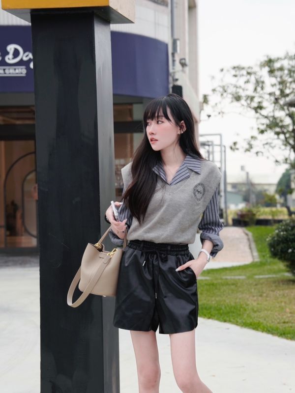 學院兩件式背心套組/綁帶鬆緊皮短褲 