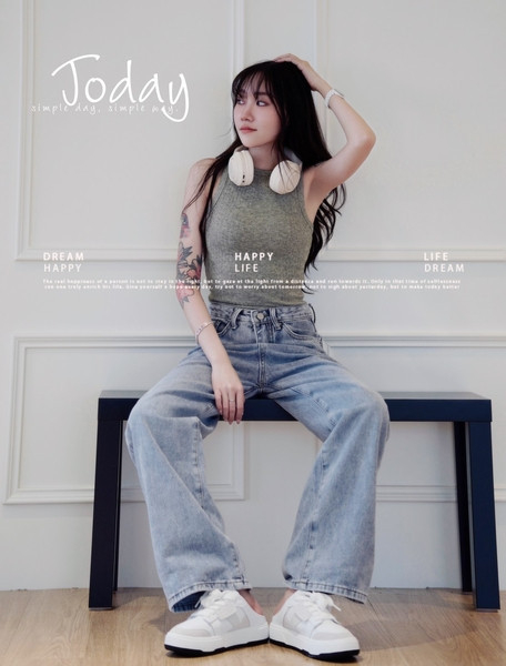 軟軟愛心牛仔直筒寬褲+美式style腰綁帶短版長T 