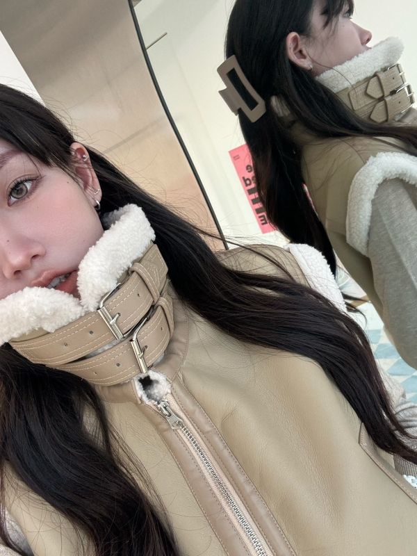 韓系姐姐羊羔毛拼皮釦環背心 