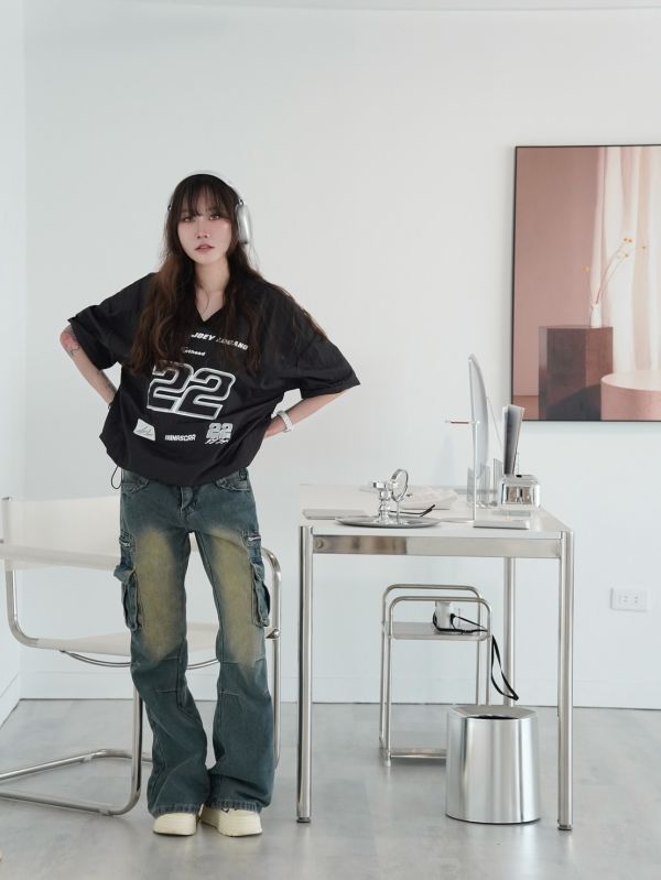 iNINE美式復古低腰微喇褲 