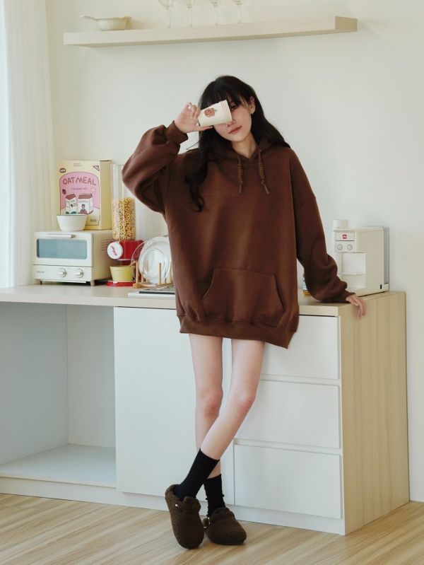 天鵝絨超暖長繩帽T 