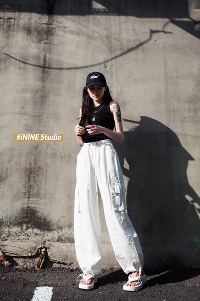 iNINE卡扣工裝褲+項鍊純色無袖背心 