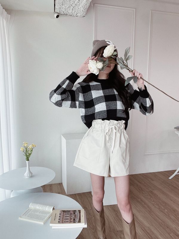 撞色格紋短版針織上衣 
