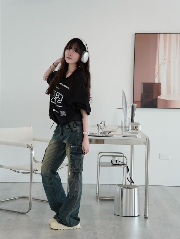 iNINE美式復古低腰微喇褲 