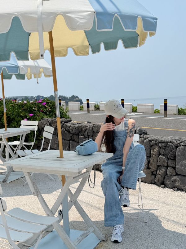 Blue Hit｜韓系慵懶條紋吊帶褲 