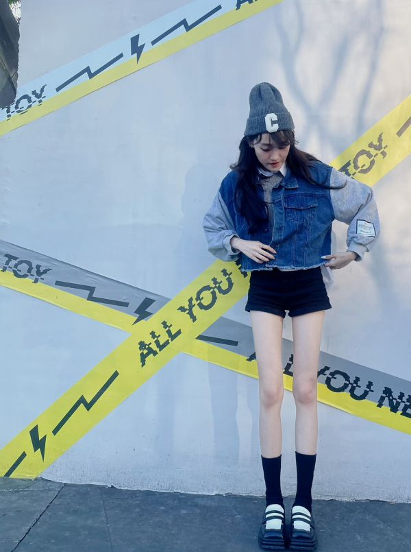 韓系拼接牛仔標籤短版外套 