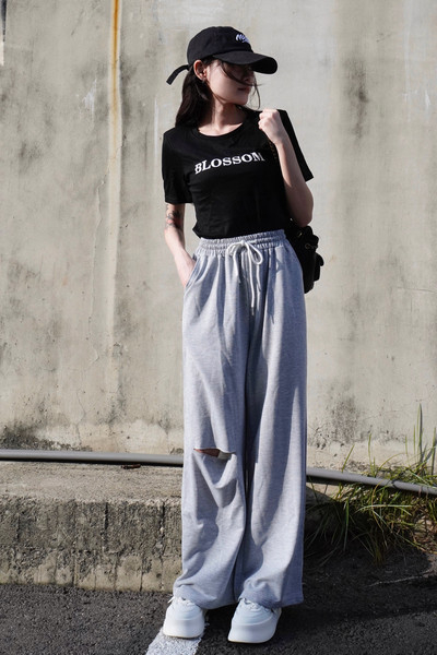 iNINE韓系割破軟棉薄寬褲 