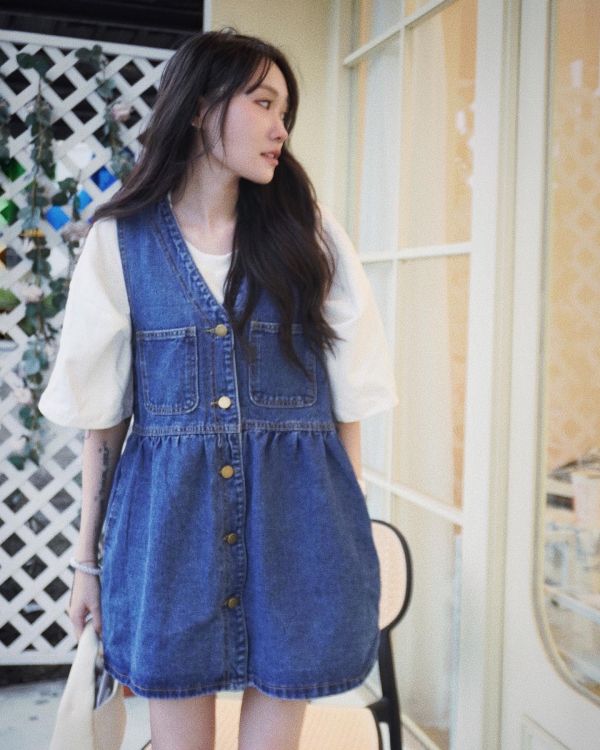 iNINE 正韓復古排釦A字連身裙 