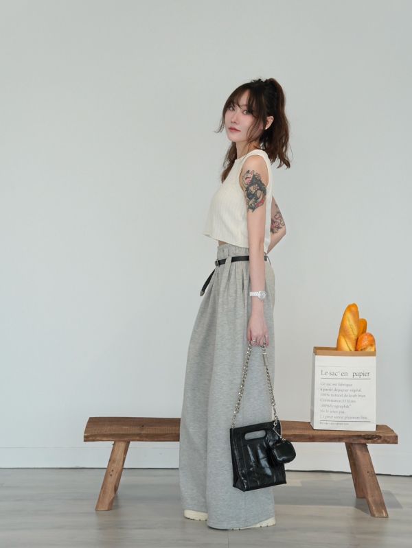 iNINE’韓系附皮帶鬆緊寬褲 