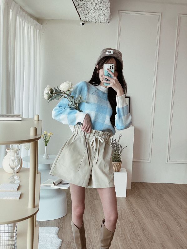 撞色格紋短版針織上衣 