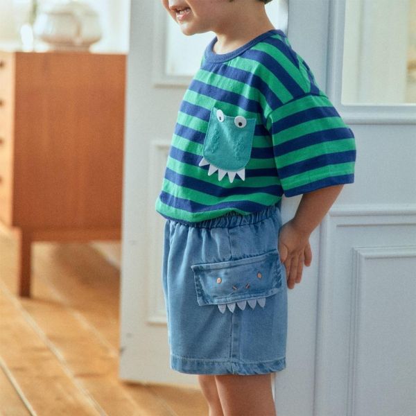 1STBLUE｜鱷魚口袋條紋短TEE 