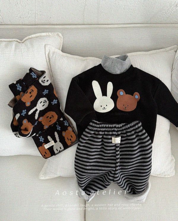 條紋加絨鬆緊長褲｜4COLORS 