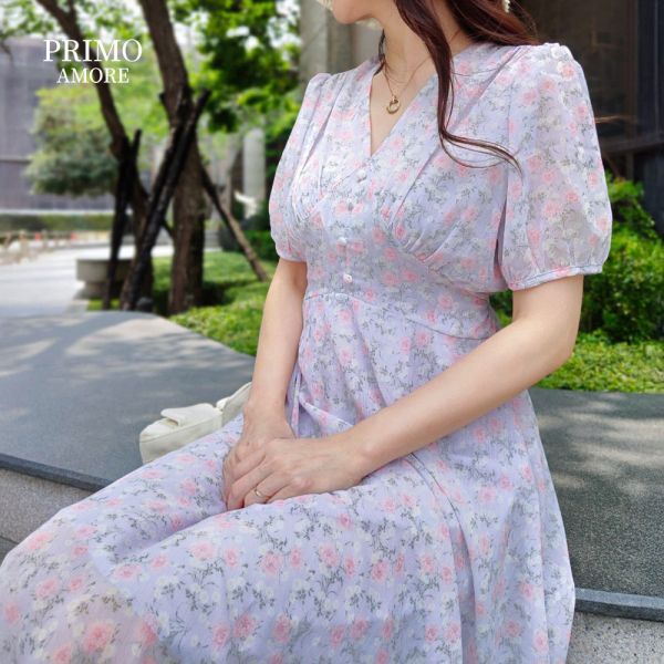 法式玫瑰溫柔風V領洋裝 