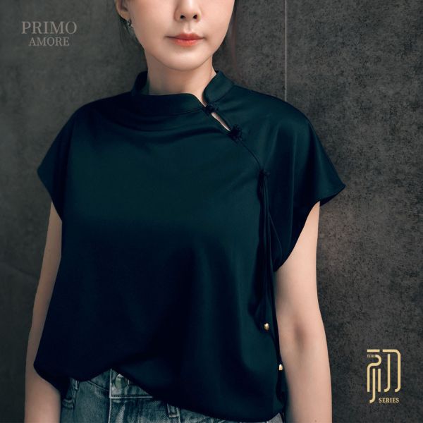 新中式立領盤扣流蘇上衣-杏色 