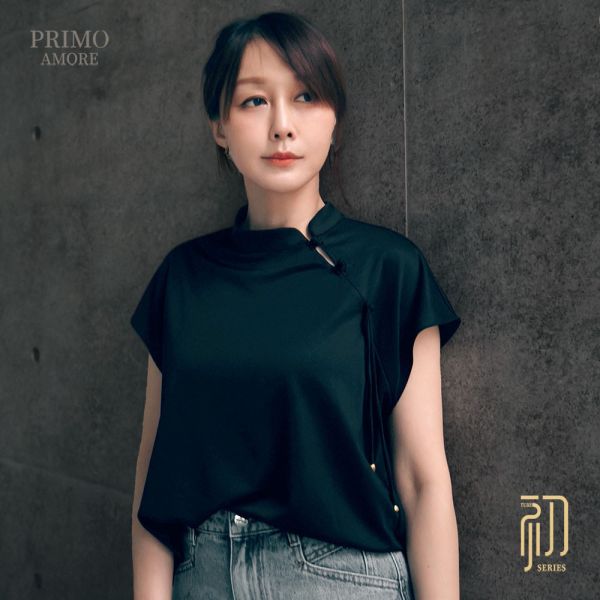 新中式立領盤扣流蘇上衣-杏色 