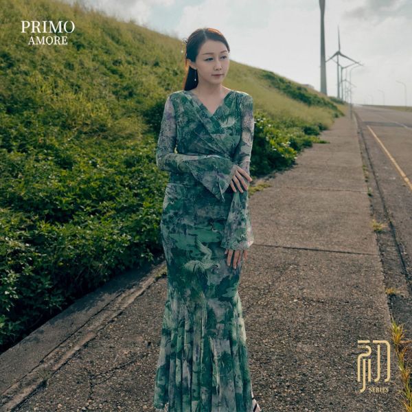 浮光綠影收腰V領洋裝 