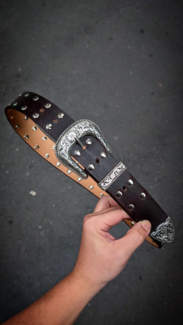 38mm銀黑維多利亞鉚釘焦茶色植鞣革皮帶 