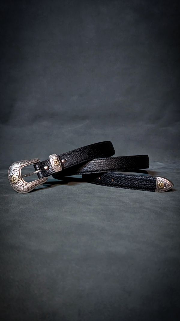 25mm雙色唐草義大利黑荔枝紋紳士皮帶 