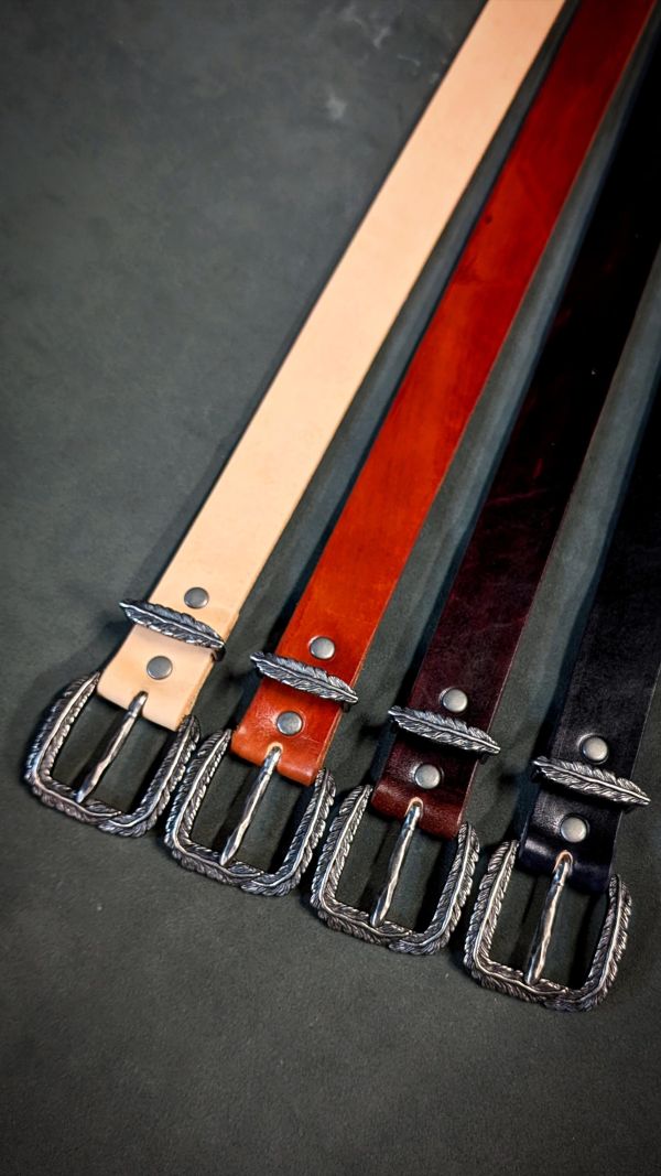 32mm古鎳羽毛三件式植鞣革皮帶 