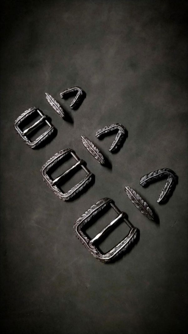 32mm古鎳羽毛三件式植鞣革皮帶 