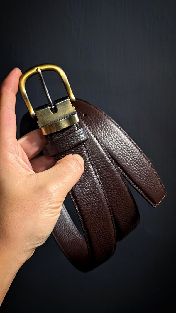 台製銅頭3.5公分寬茶色荔枝紋紳士皮帶 