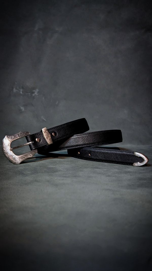 2.5公分寬雅典娜三件式/義大利黑色十字紋紳士皮帶 